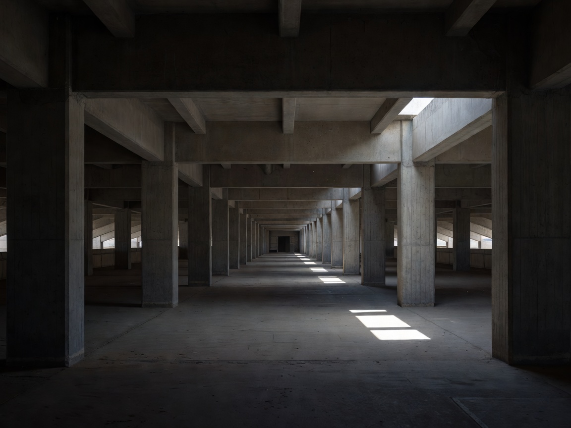 Exposed concrete beams and columns beneath an unoccupied stadium concourse