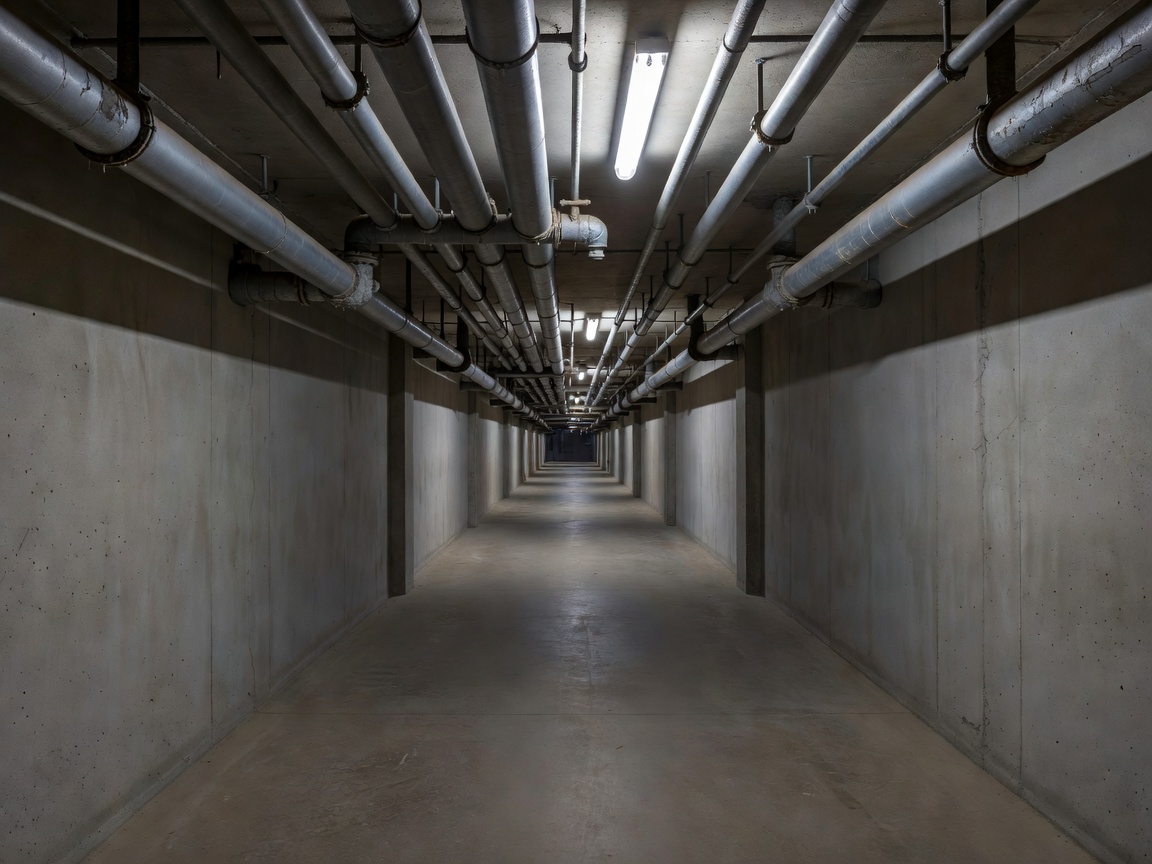 An empty service corridor lined with building-services pipework and access doors